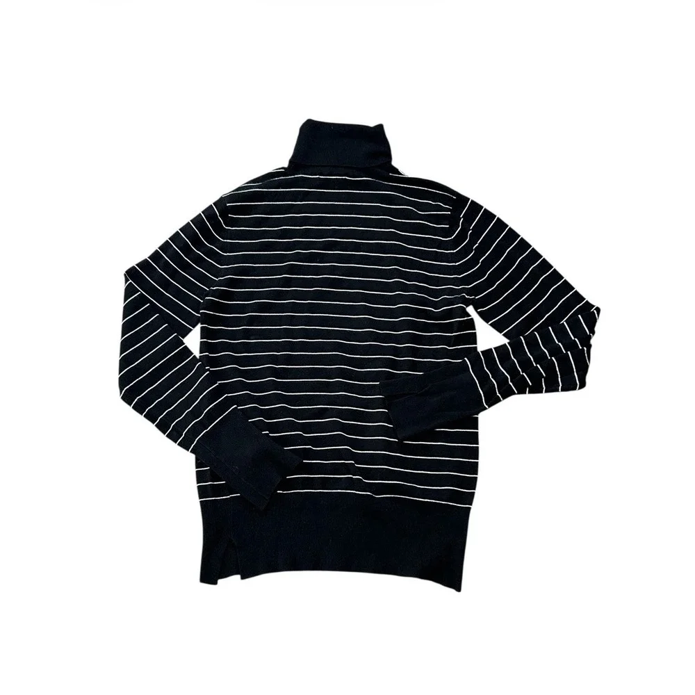 ZARA KNIT Black Striped Turtleneck Sweater L Stretch Slim Soft Chic - Picture 3 of 5